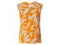 Ärmelloses orangefarbenes Kleid mit weißem Blättermuster und Rückenausschnitt.