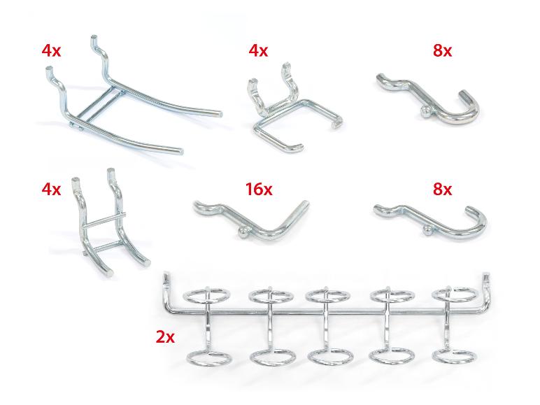 Sortiment von Metallhaken und Haltern für Lochwände, darunter 4 lange Doppelhaken, 4 kurze Doppelhaken, 8 Einzelhaken, 4 U-Halter, 16 J-Haken und 2 Werkzeughalter.