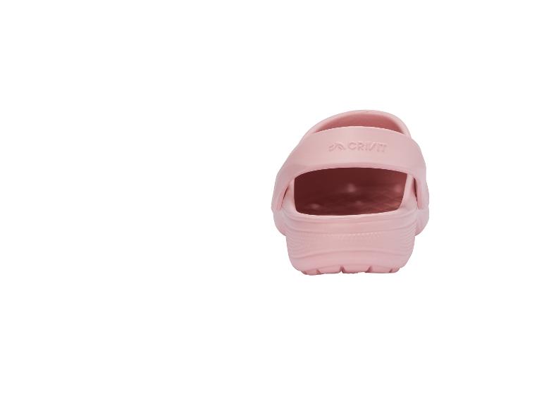 Rosa Gummischuh mit Fersenriemen, Rückansicht.