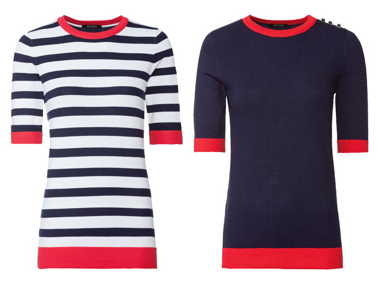 Zwei Damen-T-Shirts mit kurzen Ärmeln: eines gestreift und eines unifarben, beide mit roten Akzenten.