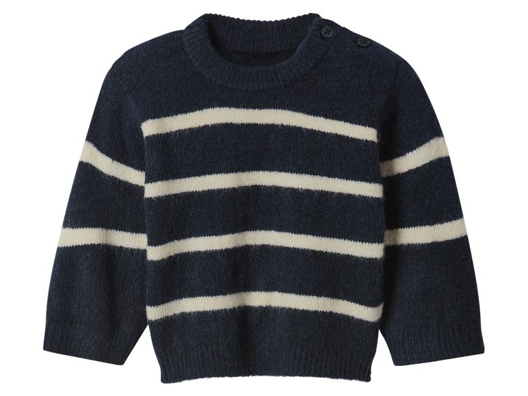 Dunkelblauer und cremefarbener gestreifter Strickpullover mit Knöpfen an der Schulter