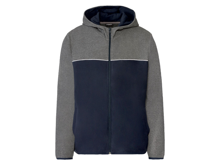 Ein grauer und dunkelblauer Kapuzenpullover mit Reißverschluss von Livergy.
