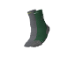 Ein Paar Wandersocken, eine graue und eine grüne, mit sportlichem Design.
