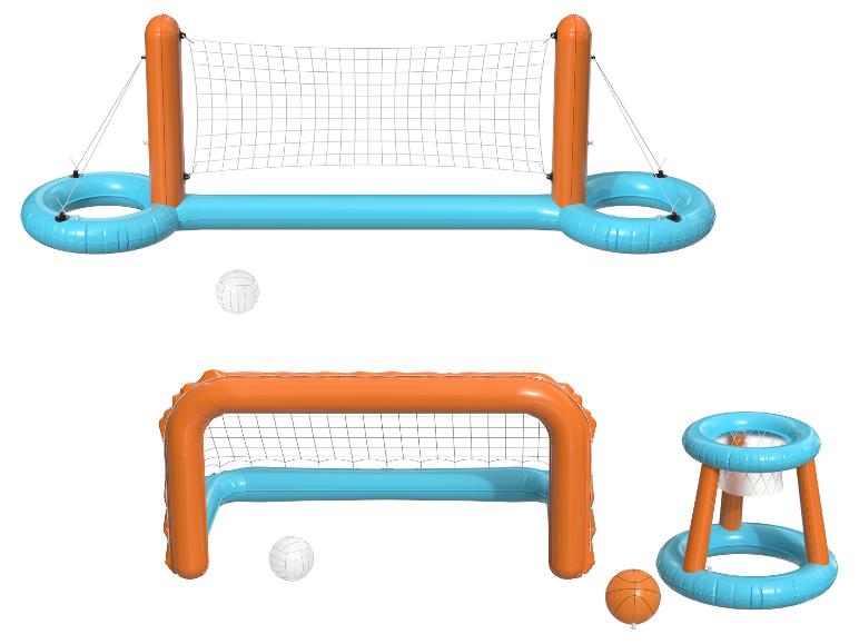 Aufblasbare Wasserspielzeuge: Volleyball, Handball und Basketball.