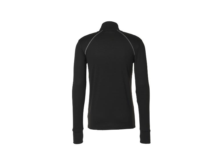 Schwarzes Langarmshirt mit grauen Nähten auf weißem Hintergrund.