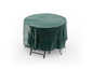 Grüne Schutzhülle für einen runden Gartentisch und Stühle.