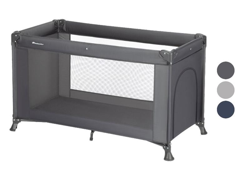 Graues Reisebett mit Netzseiten und drei Farbmustern.