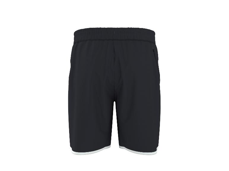 Schwarze Sporthose mit weißem Saum unten, Rückansicht.