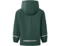 Rückseite einer dunkelgrünen Regenjacke mit Kapuze und reflektierenden Streifen.