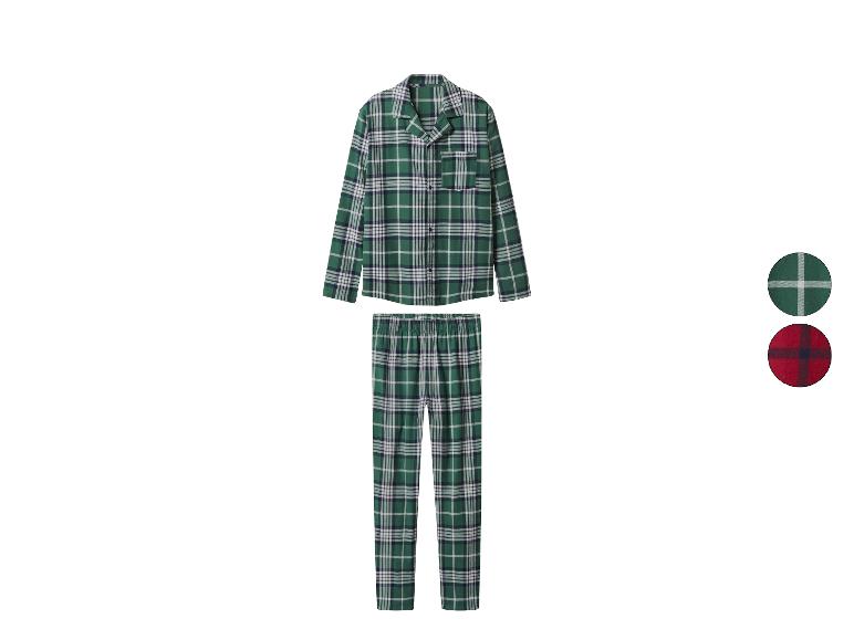 Grüne und rote karierte Pyjama-Sets mit Langarm-Oberteilen und Hosen.