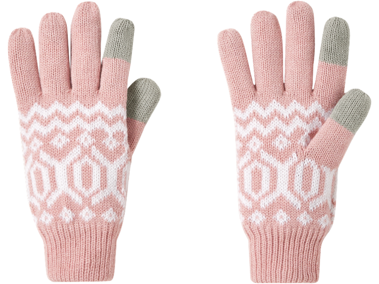 Paar rosa Strickhandschuhe mit weißen geometrischen Mustern und grauen Fingerspitzen.