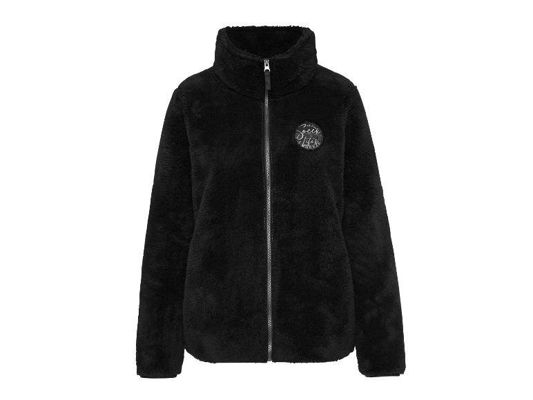 Schwarze Fleecejacke mit Reißverschluss, Stehkragen und rundem Abzeichen auf der Brust