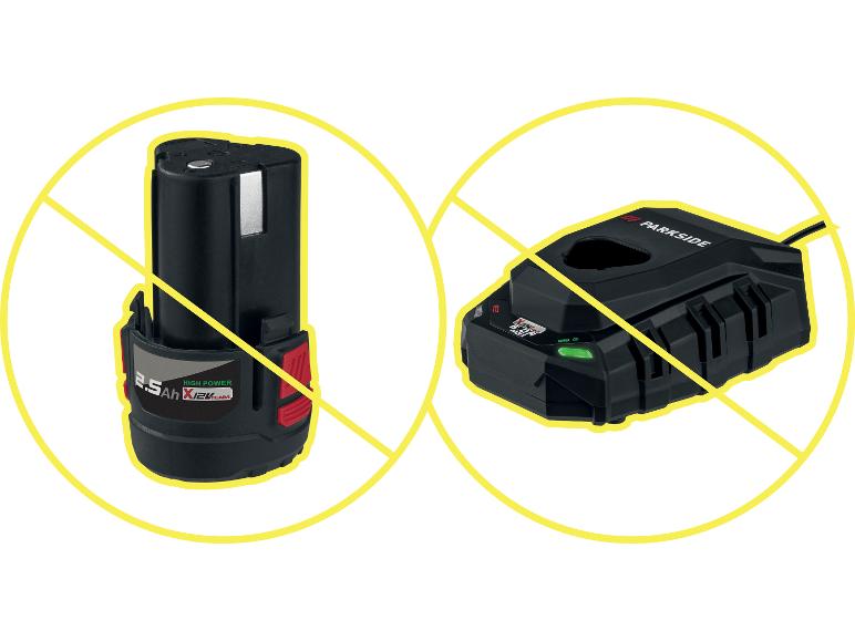 2.5Ah 12V Akku und Werkzeugladegerät, mit gelben Linien durchgestrichen.