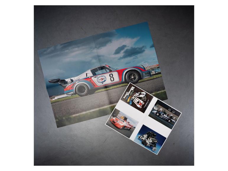 Poster und Karten mit Porsche-Rennwagen aus dem FRANZIS Technik-Adventskalender.