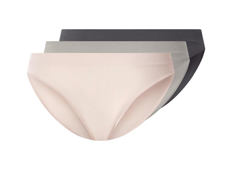 Drei Damen-Bikinihosen in Beige, Grau und Dunkelgrau.