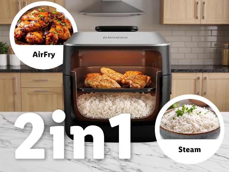 SILVERCREST® 2-in-1 Dampfgarer & Heißluftfritteuse mit Hähnchen und Reis.
