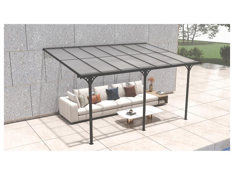 Pergola mit Dach über Outdoor-Sofa und Couchtisch auf einer Terrasse.