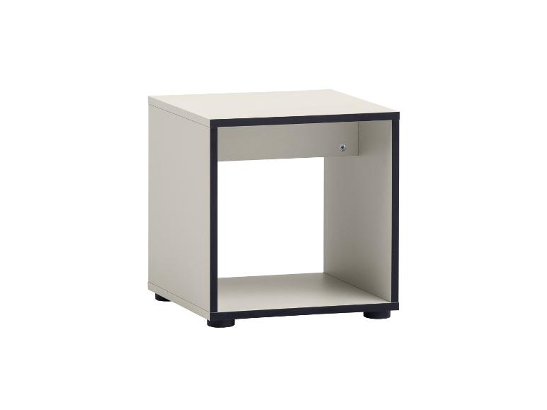 Kleines beiges Würfelregal mit schwarzen Kanten und Füßen.