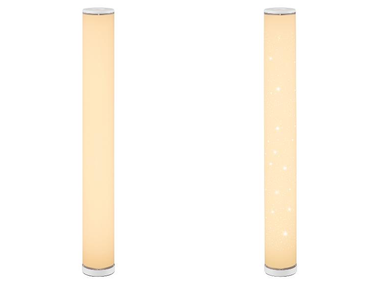 Zwei zylindrische Stehlampen, eine mit schlichtem Licht und eine mit Sternenmuster.
