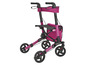Ein Rollator in rosa mit Sitz und Tasche.