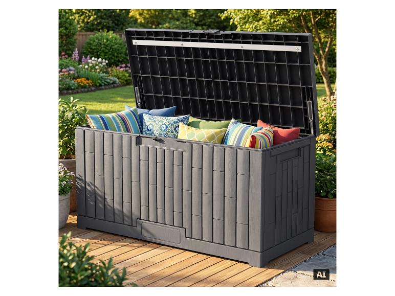 Graue Outdoor-Aufbewahrungsbox mit bunten Kissen auf einer Holzterrasse in einem blühenden Garten.