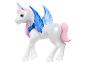 Weißes Einhornspielzeug mit rosa Mähne und Schweif, blauen Glitzerflügeln und Horn.