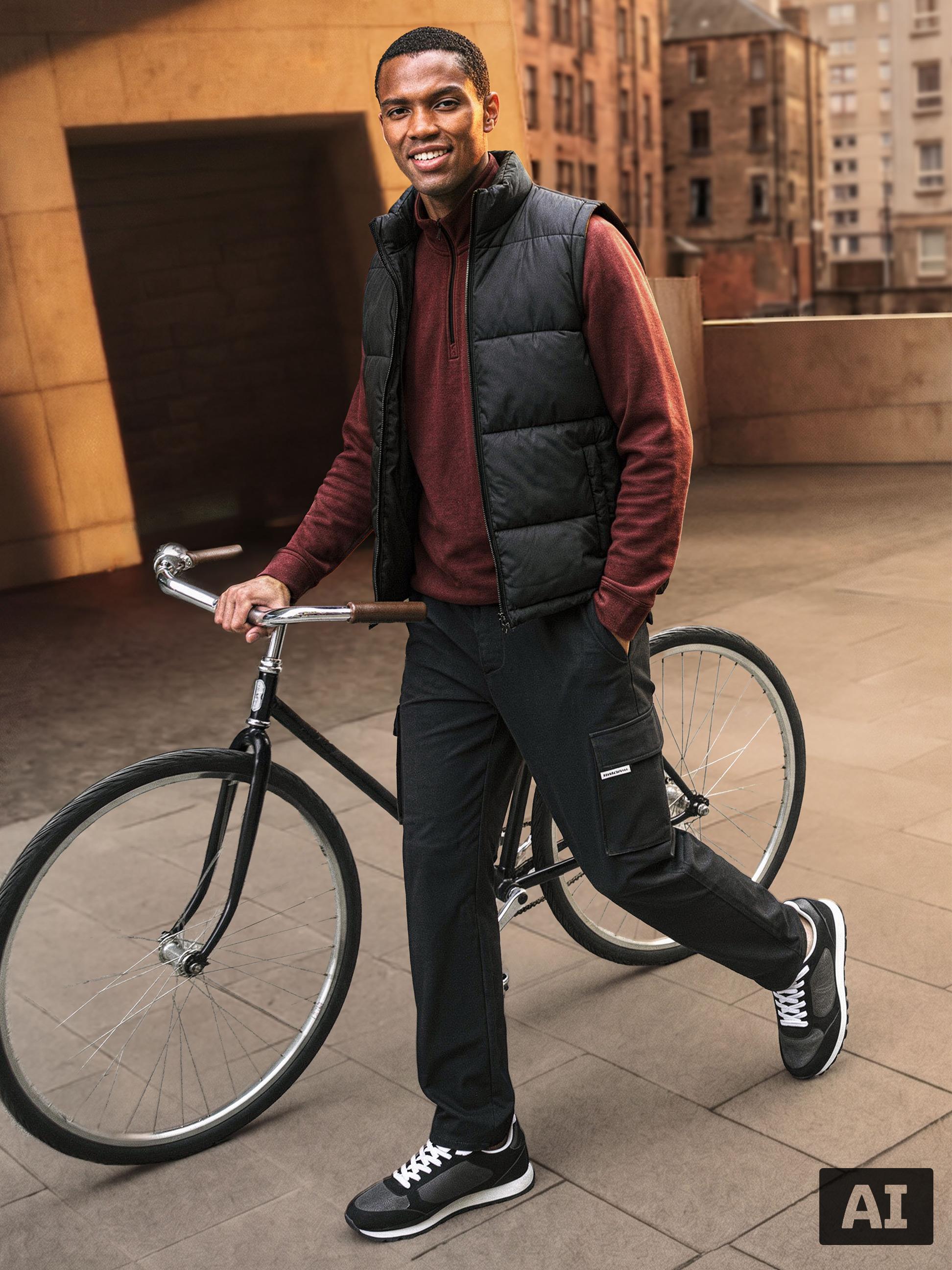 Mann in Steppweste, Sweatshirt und Cargohose, mit Fahrrad.