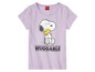 Lilafarbenes T-Shirt mit Snoopy und dem Schriftzug 'Huggable'.