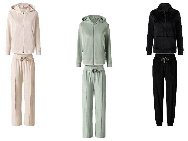 Drei Velours-Trainingsanzüge: beige, hellgrün und schwarz.