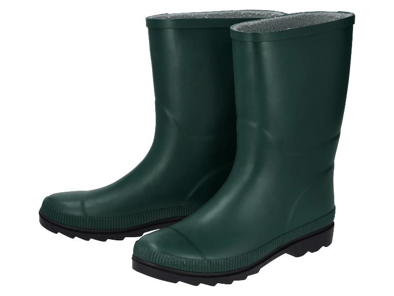 Ein Paar grüne Gummistiefel mit Kunstfell-Innenfutter.