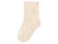 Eine einzelne, unifarbene, cremefarbene Socke mit Rippstruktur.