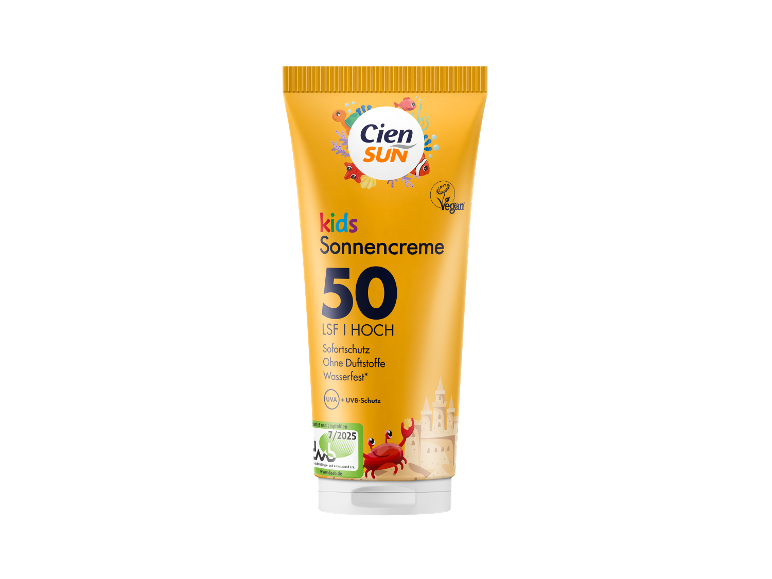 Kinder-Sonnencreme mit LSF 50, Sofortschutz, ohne Duftstoffe und wasserfest.