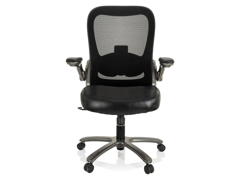 Schwarzer Bürostuhl mit Mesh-Rückenlehne und Armlehnen.