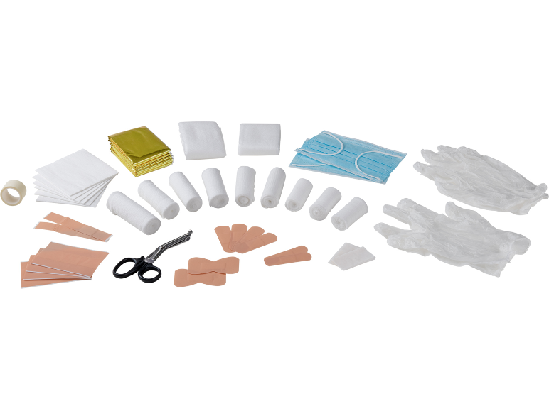 Erste-Hilfe-Set mit Verbänden, Pflastern, Masken, Handschuhen, Schere und Rettungsdecke.