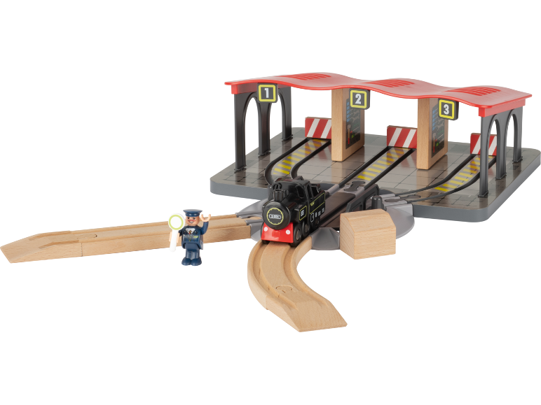 Hölzerner Spielzeug-Bahnhof mit Zug, Lokführer und Gleisen.