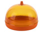 Eine orangefarbene Glasglocke zum Servieren von Speisen.