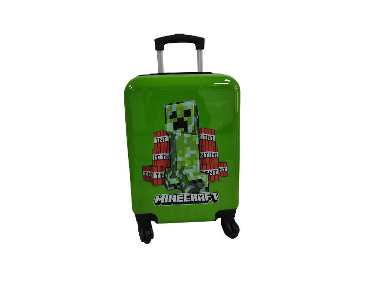 Grüner Kinderkoffer mit pixeligem Charakter und TNT-Blöcken, mit einem Spiele-Logo.