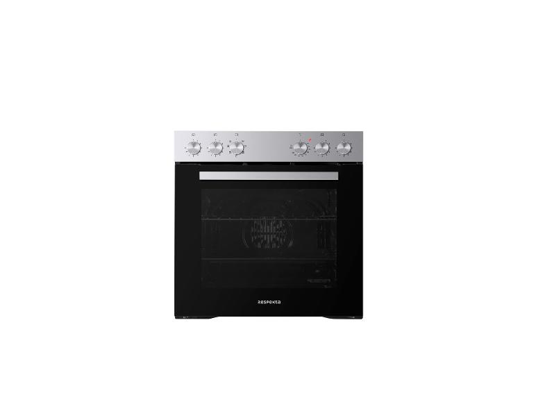 Einbaubackofen aus Edelstahl mit schwarzer Glastür und silbernen Knöpfen