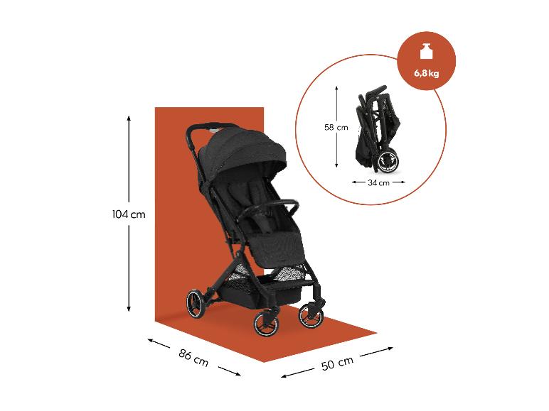 Schwarzer Kinderwagen mit Maßen: 104 cm Höhe, 86 cm Länge, 50 cm Breite; zusammengeklappt 58x34 cm, Gewicht 6,8 kg.