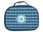 Blaue Lunchtasche mit Rautenmuster und einem Schild-Logo mit Stern.