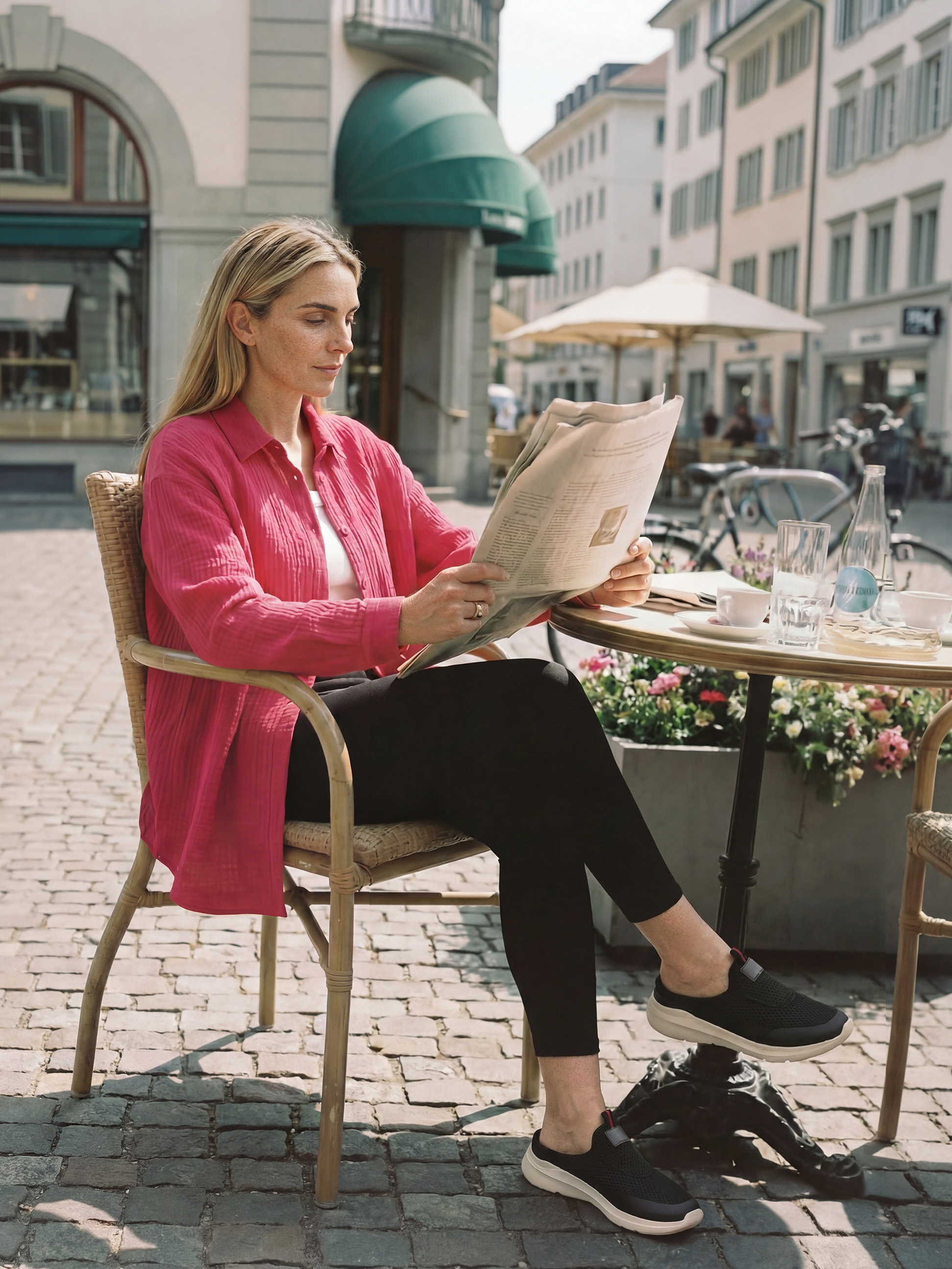 Frau liest Zeitung an einem Cafétisch, trägt ein pinkes Hemd und schwarze Schuhe.