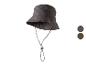 Dunkelgrauer Fischerhut mit verstellbarem Kinnriemen und Farbmustern.