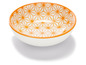 Weiße Schale mit orangefarbenem geometrischem Muster.