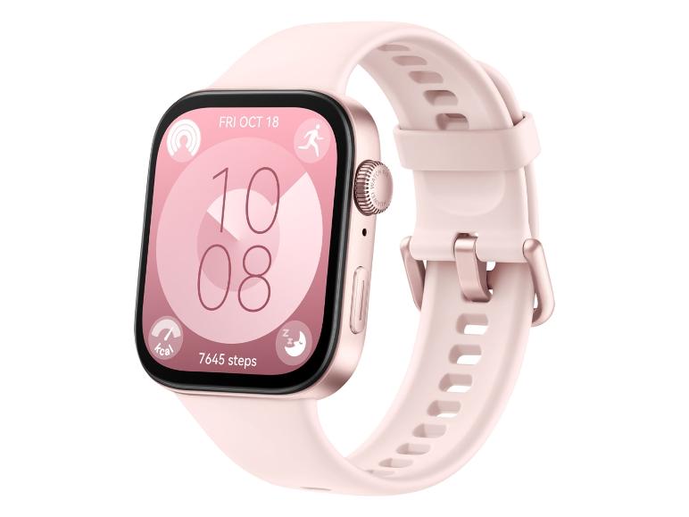 Rosa Smartwatch mit digitalem Zifferblatt, das Uhrzeit, Datum, Schritte und Kalorien anzeigt.