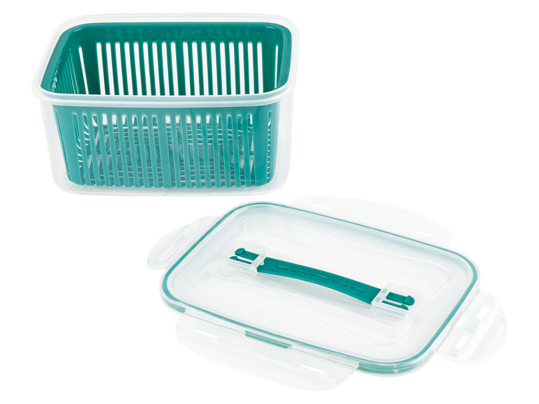 Eine grüne Plastik-Aufbewahrungsbox mit Deckel und Einsatz.