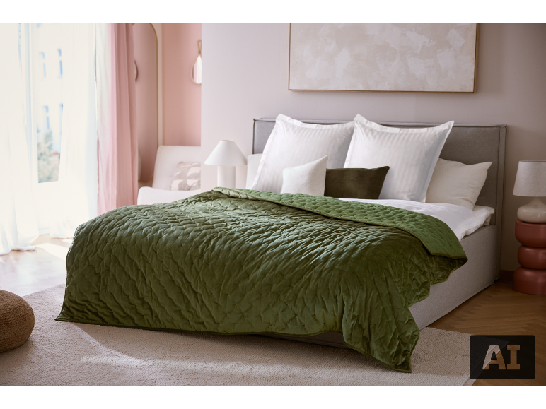 Schlafzimmer mit einer grünen Steppdecke, weißen Kissen und einer hellrosa Wand.