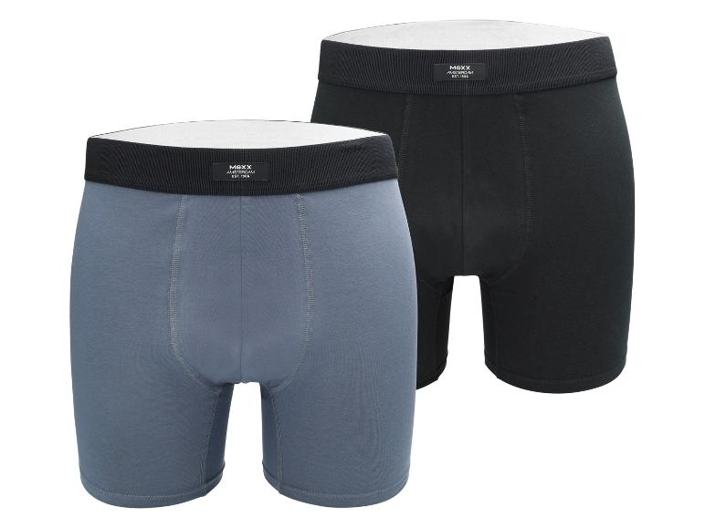 Zwei Mexx Boxershorts, eine graublaue und eine schwarze, mit elastischem Bund.