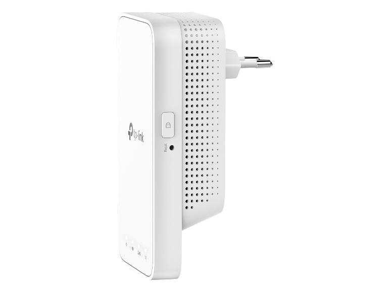 Weißer WLAN-Repeater mit zweipoligem Stecker, Reset-Taste und Kontrollleuchten.