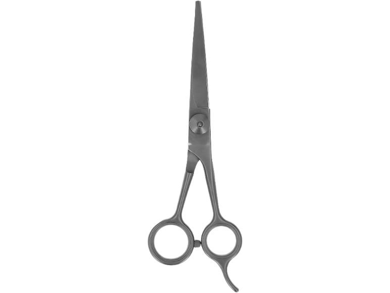 Schwarze Haarschneideschere mit verstellbarer Schraube.