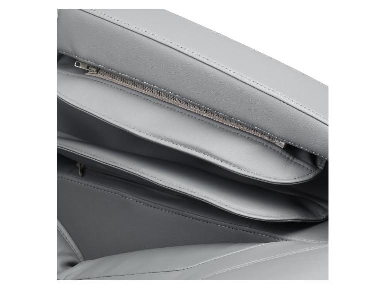 Graue Ledertasche mit Reißverschluss und Fächern.
